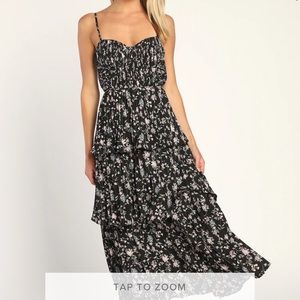 Lulus Cascading Crush Black Floral Print Tiered Bustier Midi Dress